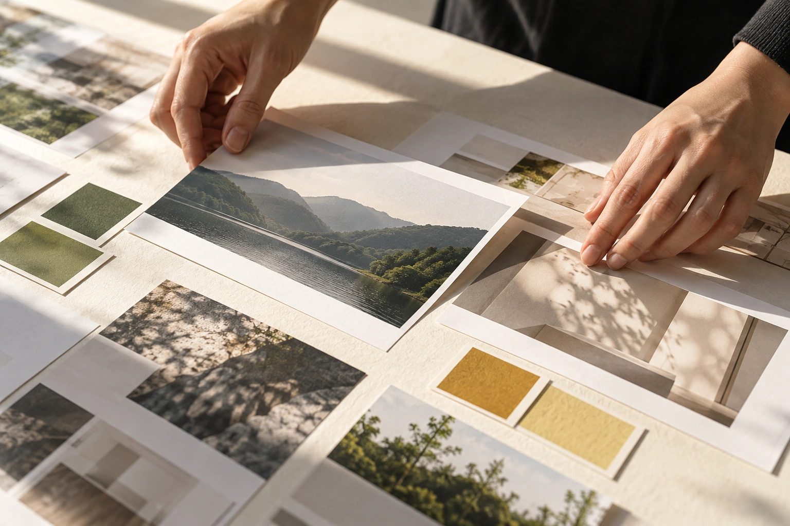 匿名の手元でWebデザインの写真素材と配色を整理する制作イメージ