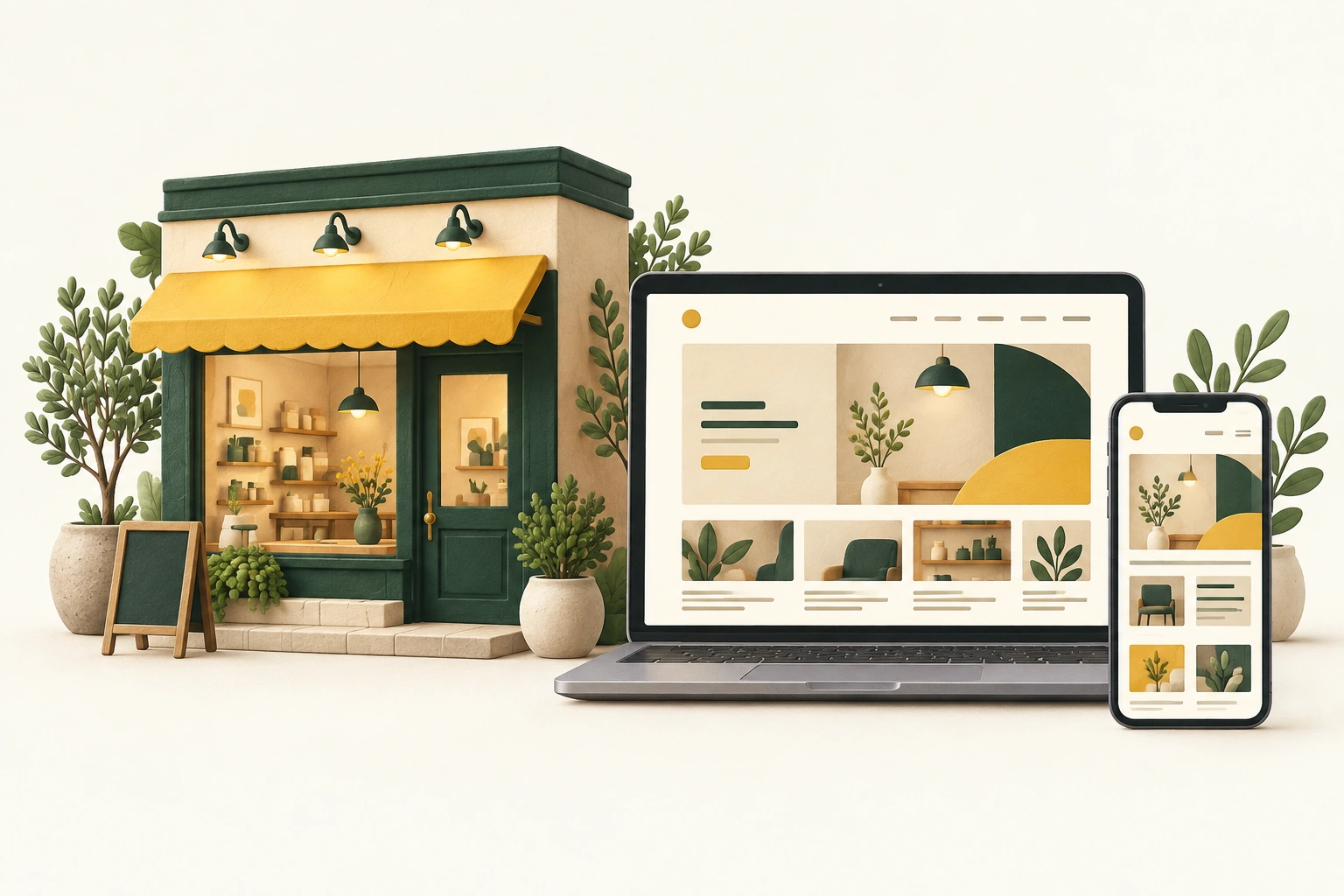 小さなお店とPC・スマートフォンを組み合わせたWebサイト制作のイメージ